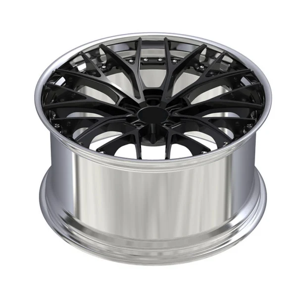Black Branch-Spoke Polished-Lip Forged Wheel — Elevated face-up view of spoke profile and polished lip