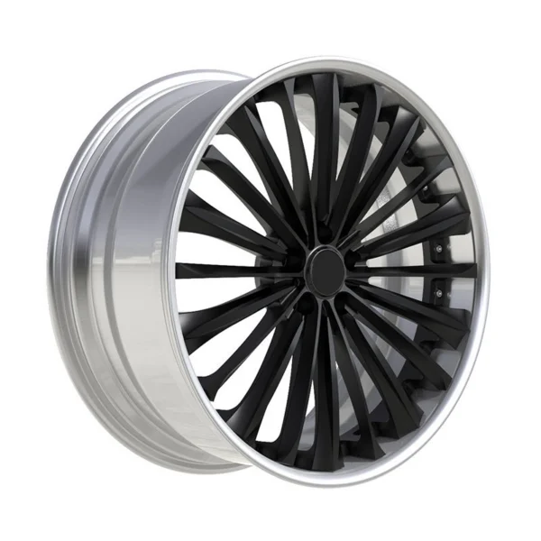 Black Radial-Blade Polished-Lip Forged Wheel — Upright three-quarter black blades and deep silver barrel