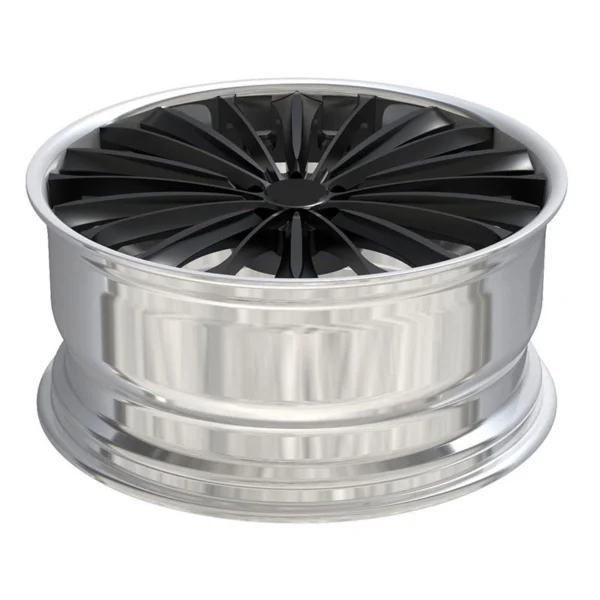 Black Radial-Blade Polished-Lip Forged Wheel — Elevated face-up view showing blade profile and barrel