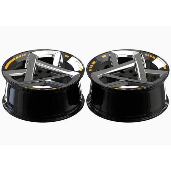 Yellow-Accent Triangular Forged Wheel — Laid-flat pair showing barrel profiles