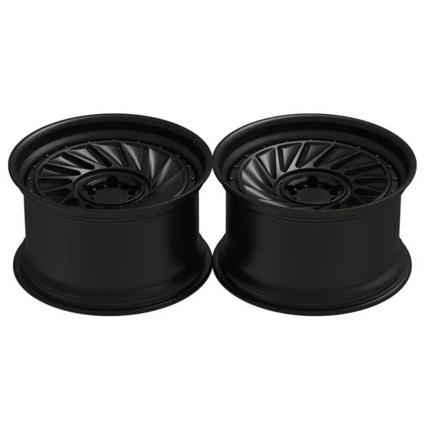 Black Swept-Turbine Forged Wheel — Laid-flat pair with deep barrel profiles